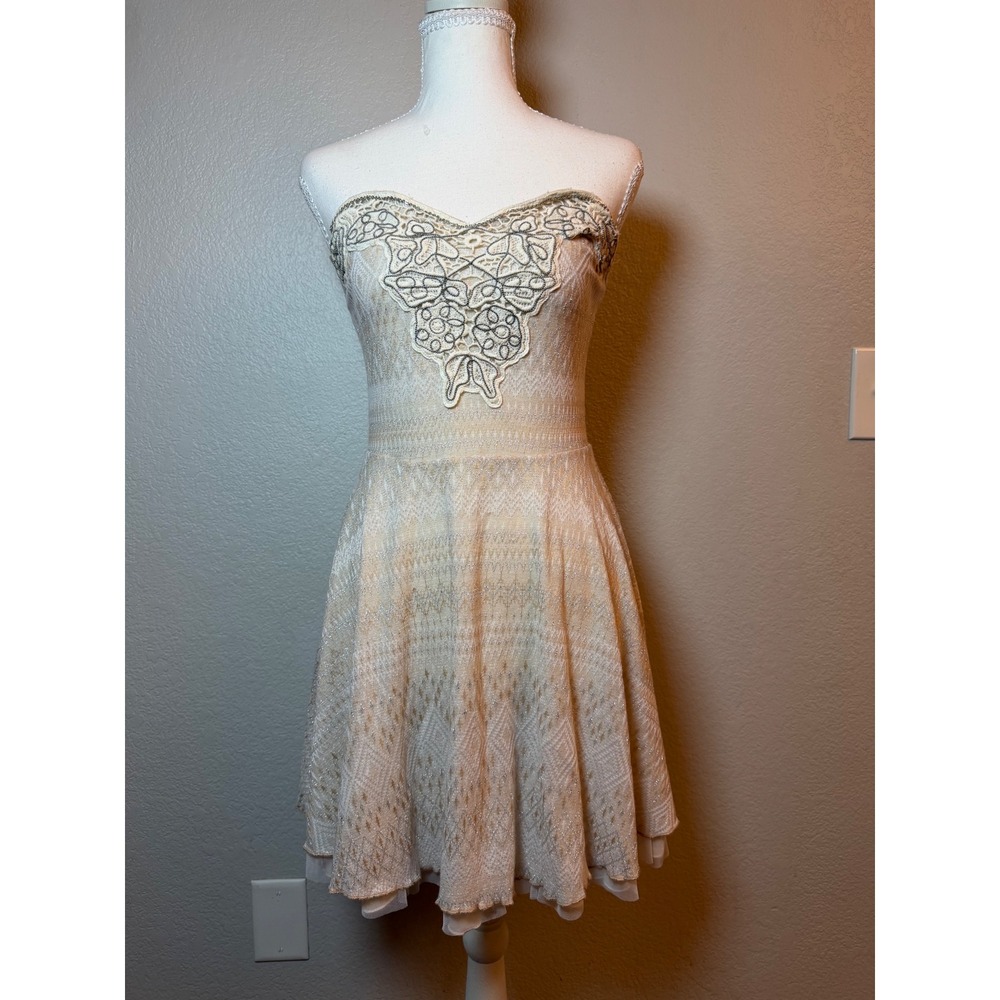 Free People Strapless Metallic Lace Knit Fit & Flare Mini Dress Cream Silver M